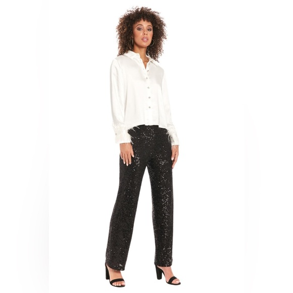 Muse by Maggy London Gramercy Feather Cuff Satin Blouse White 16 NWT - Picture 4 of 5